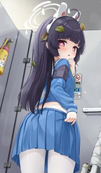 1girl absurdres animal_ear_hairband animal_ears ass black_hair blue_archive blue_serafuku blue_shirt blue_skirt bolt_action clothes_pull commentary comodox dirty dirty_clothes english_commentary fake_animal_ears from_behind green_neckerchief gun hairband halo highres indoors large_variant_set leaf leaf_on_head long_hair long_sleeves looking_at_viewer looking_back miniskirt miyu_(blue_archive) mosin-nagant neckerchief open_mouth paid_reward_available pantyhose pleated_skirt puffy_long_sleeves puffy_sleeves pulling_own_clothes rabbit_ear_hairband rabbit_ears red_eyes rifle sailor_collar sailor_shirt school_uniform serafuku shirt shoe_print skirt skirt_pull solo variant_set weapon white_halo white_pantyhose white_sailor_collar