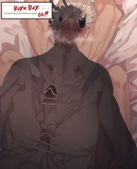 2boys abs absurdres arms_up ass_ripple bed bed_sheet bindi blonde_hair blue_hair blush buddha_(shuumatsu_no_valkyrie) censored closed_mouth collarbone completely_nude crown crown_hair_ornament crown_ornament cum cum_in_ass cum_on_body cum_on_self english_text facial_mark facial_tattoo fangs fangs_out forehead_mark hair_bun half-closed_eyes hands_on_another's_leg hands_on_another's_legs hands_under_legs heart heart-shaped_pupils heavy_breathing highres holding holding_another's_leg holding_another's_legs knees_up long_hair loose_hair_strand lower_teeth_only lying male_focus multicolored_hair multiple_boys muscular muscular_male muscular_uke nanako_nuchitsu nipples nude on_back pectorals penis perineum request_inset sex sharp_teeth shuumatsu_no_valkyrie solo_focus sweat symbol-shaped_pupils tattoo teeth testicles toned toned_male veins veiny_arms yaoi