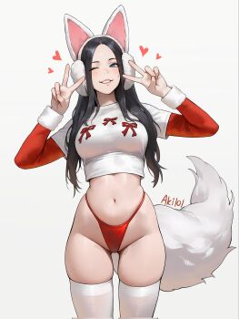 Rule 34 | 1aki 101, 1girl, alina becker, animal ears, bad link, corrupted twitter file, crop top, double v, earmuffs, fake animal ears, fox ears, fox tail, highleg, highleg panties, highres, navel, one eye closed, panties, real life, shirt, skindentation, solo, t-shirt, tail, thighhighs, underwear, v, wide hips