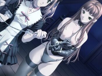 2girls bdsm black_gloves black_panties blush bondage bound breasts brown_hair chain chain_leash closed_mouth collar corset cuffs elbow_gloves f&amp;c female_focus femdom game_cg gloves green_eyes hair_ornament hair_ribbon indoors l'heure_bleue leash lock long_hair mizutani_tooru multiple_girls nipples no_bra padlock panties parted_lips ribbon slave strap thighhighs twintails underwear wrist_cuffs wrists_cuffed_together