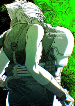 Rule 34 | 2boys, armor, arms around waist, black gloves, cloud strife, commentary, cow, final fantasy, final fantasy vii, final fantasy vii: ever crisis, gloves, green background, green eyes, hair between eyes, hug, male focus, monochrome, multiple boys, pauldrons, sephiroth, sephiroth (ever crisis), short hair, shoulder armor, single bare shoulder, single pauldron, sleeveless, sleeveless turtleneck, slit pupils, suspenders, symbol-only commentary, toned, toned male, turtleneck, twitter username, watermark, yaoi, yunyunonigiri