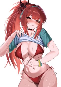 1girl absurdres aqua_hairband bernardo_(ggpa8423) bikini black_choker breasts choker clothes_lift commentary english_commentary goddess_of_victory:_nikke hairband high_ponytail highres large_breasts lifting_own_clothes long_hair looking_at_viewer navel ponytail rapi_(nikke) rapi_(red_hood)_(nikke) red_bikini red_eyes red_hair shirt_lift side-tie_bikini_bottom simple_background solo stomach swimsuit tongue tongue_out two-tone_shirt very_long_hair white_background