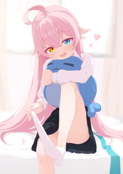 1girl absurdres ahoge black_skirt blue_archive blue_eyes blue_necktie convenient_leg fang halo heart hello-ghiblisan heterochromia highres hoshino_(blue_archive) knee_up loli long_hair long_sleeves looking_at_viewer miniskirt necktie open_mouth pink_hair pink_halo plaid_clothes plaid_skirt pleated_skirt puffy_long_sleeves puffy_sleeves revision shirt sitting skin_fang skirt socks soles solo toes unworn_necktie very_long_hair white_shirt white_socks yellow_eyes