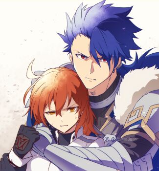 Rule 34 | 0nodera, 1boy, 1girl, ahoge, black gloves, blue hair, clenched hand, closed mouth, commentary request, cu chulainn (fate), cu chulainn (fate/prototype), earrings, fate/grand order, fate (series), fujimaru ritsuka (female), gloves, grimace, hair between eyes, jewelry, looking at viewer, orange hair, red eyes, white background