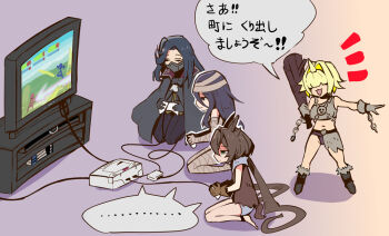 Rule 34 | 4girls, :3, animal ears, anklet, barefoot, belt, black bow, black bowtie, black hair, black mask, black pants, blonde hair, bow, bowtie, breasts, brown footwear, brown hair, brown shirt, cable, cape, chain, closed eyes, club (weapon), colored inner hair, commentary request, elegg (nikke), exia (nikke), fake animal ears, fake horns, fake tail, flat chest, game console, goddess of victory: nikke, gradient background, green eyes, hair intakes, halloween, halloween costume, holding, holding club, holding weapon, horns, jewelry, long bangs, maiden (nikke), mask, medium breasts, midriff, mouth mask, multicolored hair, multiple girls, mummy costume, navel, oni costume, open mouth, pants, playing games, purple background, purple hair, sega saturn, shirt, shorts, single horn, single strap, sitting, speech bubble, standing, syope, tail, television, translation request, trony (nikke), vampire costume, weapon, werewolf costume, wolf ears, wolf tail, yellow background