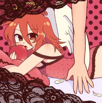 1boy 1other angel_devil_(chainsaw_man) angel_wings apple chainsaw_man double-parted_bangs food fruit hair_between_eyes highres holding holding_food holding_fruit long_hair looking_at_viewer lying male_focus on_stomach open_mouth red_eyes red_hair sofo_soup wings