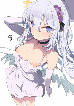 1girl ? absurdres angel_wings azusa_(blue_archive) black_choker blue_archive choker commentary_request cosplay crescent_halo crossed_bangs dress elbow_gloves feathered_wings flower gloves hair_flower hair_ornament halo highres kawa_mura long_hair looking_at_viewer michiru_(blue_archive) michiru_(blue_archive)_(cosplay) michiru_(dress)_(blue_archive) nipple_slip nipples purple_flower solo white_background white_dress white_gloves white_wings wings yellow_halo