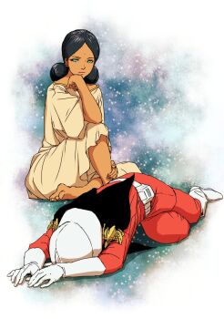 1boy 1girl bare_shoulders bindi black_hair blonde_hair char_aznable dark_skin depressed gundam helmet highres lalah_sune looking_at_viewer mobile_suit_gundam sitting smile spoilers teikoku_jokyoku