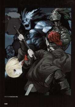 Rule 34 | 1girl, absurdres, bdsm, black dress, blonde hair, blood, bondage, bone mask, bound, chuuou higashiguchi, dress, hammer, highres, motor vehicle, motorcycle, moura, nitroplus, non-web source, official art, promotional art, scan, sledgehammer, vampirdzhija vjedogonia, vjedogonia