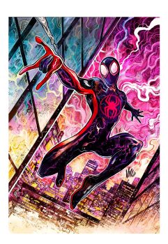 1boy abstract_background animal_print artist_name black_bodysuit black_mask bodysuit building city city_lights cityscape colorful_background dynamic_pose highres male_focus marvel mask mask_on_head miles_morales multicolored_bodysuit night night_sky outdoors print_bodysuit red_bodysuit reflection signature silk sky skyline skyscraper spider-man_(miles_morales) spider-man_(series) spider_print spider_web spider_web_print superhero_costume two-tone_bodysuit vinartwork white_eyes