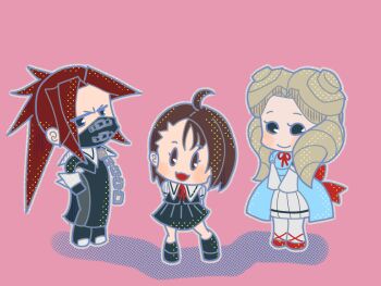 Rule 34 | 3girls, ahoge, aqua dress, arms behind back, back ribbon, black eyes, blonde hair, brown eyes, brown hair, bugidesuyo, chain, chibi, commentary request, dress, drill hair, highres, zaki (justice gakuen), justice gakuen, kazama akira, kirishima yurika, long hair, moero! justice gakuen, multiple girls, pantyhose, ponytail, red hair, red ribbon, ribbon, seijyun jogakuen uniform, short hair, skirt, white pantyhose