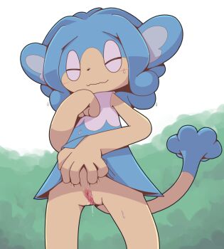 1girl animal_ears animal_nose blue_dress blue_hair clitoris closed_eyes closed_mouth clothes_lift colored_skin cowboy_shot crepix dress dress_lift female_focus flat_chest furry furry_female gen_5_pokemon hand_up lifting_own_clothes medium_hair monkey_ears monkey_girl monkey_tail nintendo no_panties outdoors pokemon pokemon_(creature) presenting pussy pussy_juice pussy_juice_drip sidelocks simipour sleeveless sleeveless_dress solo standing sweat tail uncensored urethra wavy_mouth yellow_skin