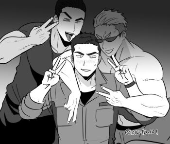 3boys :p ao_isami arm_around_shoulder blush faceless faceless_male facial_hair greyscale imminent_gangbang male_focus monochrome multiple_boys muscular muscular_male nervous pectorals pornstar ryouma_arakai sideburns_stubble stubble sunglasses taking_picture thick_eyebrows tongue tongue_out upper_body yamitoxxxxx yaoi yuuki_bakuhatsu_bang_bravern