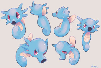 absurdres commentary_request fish full_body gen_1_pokemon grey_background highres horsea multiple_views nintendo no_humans ouran pokemon pokemon_(creature) red_eyes seahorse signature simple_background