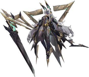 1girl anubis_(daiblos_core) breasts bright_pupils daiblos_core dark-skinned_female dark_skin full_body gloves green_eyes high_heels highres large_breasts long_hair navel official_art scythe very_long_hair white_hair