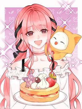 Rule 34 | 1girl, ^ ^, absurdres, animal, animal on shoulder, bare shoulders, birthday, birthday cake, black bow, black ribbon, border, bow, bowtie, bra strap, brown eyes, cake, cat, cat on shoulder, chinese commentary, choker, cloak, closed eyes, clothed animal, collarbone, commentary request, cropped torso, ear covers, eyelashes, food, frilled shirt, frills, fruit, gradient background, hair bow, hair ribbon, highres, hood, hood up, hooded cloak, icing, infinity nikki, light blush, long hair, long sidelocks, long sleeves, momo (nikki), nikki (nikki), nikki (series), off-shoulder shirt, off shoulder, open mouth, outside border, pink background, pink choker, pink hair, rabbit background, red bow, red bowtie, ribbon, shirt, sidelocks, single stripe, smile, sparkle, star (symbol), strawberry, strawberry shortcake, striped choker, tress ribbon, very long hair, wavy hair, whimstar (infinity nikki), whiskers, white border, white cat, white shirt, yarn, yellow cloak, yexian82411