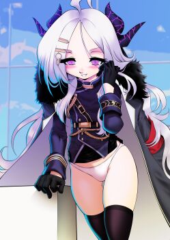 1girl absurdres ahoge armband black_coat blue_archive blue_sky blush breasts coat coat_on_shoulders day demon_girl demon_horns highres hina_(blue_archive) horns indoors long_hair looking_at_viewer mago-negro panties purple_eyes red_armband sky small_breasts solo standing underwear very_long_hair white_hair