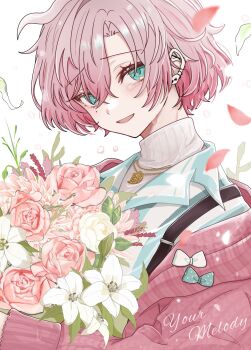 1boy bad_id bad_twitter_id blue_shirt blush bouquet cardigan ear_piercing earrings falling_petals flower flower_request fragaria_memories hair_between_eyes highres holding holding_bouquet jewelry long_sleeves looking_at_viewer male_focus merold_(fragaria_memories) mole mole_under_eye necklace open_mouth petals piercing pink_cardigan pink_flower pink_hair pink_rose rose shirt short_hair simple_background smile solo striped_clothes striped_shirt suspenders sweater tearing_up upper_body vertical-striped_clothes vertical-striped_shirt white_background white_flower white_sweater yukimi5daifuku