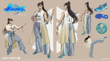Rule 34 | 1girl, absurdres, alternate costume, alternate hairstyle, ass, black hair, bracelet, breasts, brown eyes, capcom, character name, chun-li, commentary, copyright notice, crop top, earrings, english commentary, fighting stance, full body, hair behind ear, hair bun, high-waist pants, high kick, highres, jewelry, kicking, long hair, looking at viewer, midriff, multiple views, official alternate costume, official alternate hairstyle, official art, pants, reference sheet, shoes, sneakers, street fighter, street fighter 6, takayuki nakayama, tear-away pants, updo