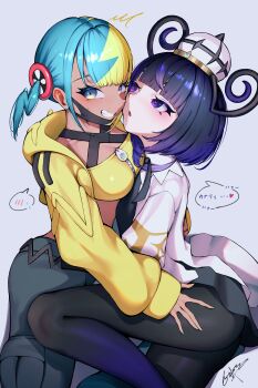 :o absurdres aqua_hair aqua_nails bandeau black_dress black_hair black_pantyhose blonde_hair blush bob_cut canari_(pokemon) coat commentary_request cropped_jacket dark-skinned_female dark_skin dress eyelashes gradient_hair gwynn_(pokemon) hands_on_another&#039;s_thighs hat heart heart-shaped_pupils highres hug jacket long_sleeves looking_at_another looking_at_viewer mask mask_pull mega_stone mouth_mask multicolored_hair multicolored_nails nintendo open_clothes open_coat open_jacket open_mouth pants pantyhose pokemon pokemon_legends:_z-a purple_eyes purple_hair quone9u0ne short_hair signature smile speech_bubble split-color_hair spoken_blush spoken_sweatdrop sweatdrop symbol-shaped_pupils teeth thighs translation_request two-tone_hair two-tone_nails white_coat yellow_bandeau yellow_jacket yellow_nails yuri zipper zipper_pull_tab