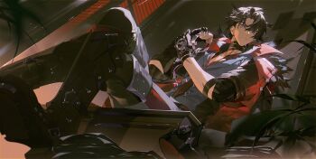 1boy black_hair black_pants blue_eyes boots choker coat coat_on_shoulders crossed_legs fur_trim genshin_impact gloves highres indoors male_focus pants parted_bangs short_hair sitting solo vest wriothesley_(genshin_impact) xiaojiaju