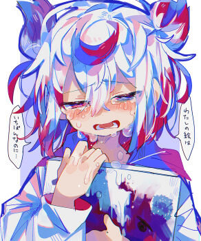 1girl absurdres blue_hair blush canvas_(object) commentary_request crying crying_with_eyes_open ekami_gumi_(uenomigi) highres holding hood hood_down hooded_jacket jacket long_sleeves medium_hair open_mouth original red_eyes red_hair sobbing solo tears translation_request two-sided_fabric two-sided_sleeves uenomigi white_hair white_jacket