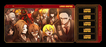 1other 6+boys 6+girls :d arguing black_hair black_vest blonde_hair blue_eyes bob_cut bow brown_hair closed_eyes closed_mouth collared_shirt dante_(limbus_company) don_quixote_(project_moon) everyone faust_(project_moon) glasses gregor_(project_moon) grin hair_slicked_back hashtag-only_commentary heathcliff_(project_moon) helseujang highres hong_lu_(project_moon) ishmael_(project_moon) limbus_company low_ponytail meursault_(project_moon) multiple_boys multiple_girls necktie open_mouth orange_hair outis_(project_moon) ponytail project_moon red_eyes red_necktie rodion_(project_moon) ryoshu_(project_moon) shirt short_hair sinclair_(project_moon) smile ticket vest white_bow white_hair white_shirt yellow_eyes yi_sang_(project_moon)