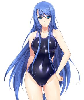 1girl black_one-piece_swimsuit blue_eyes blue_hair blue_one-piece_swimsuit breasts choukou_(alicesoft) choukou_shinki_ixseal collarbone competition_swimsuit covered_navel cowboy_shot ellis_xillia game_cg gluteal_fold hand_on_own_hip large_breasts large_variant_set light_smile long_hair looking_at_viewer non-web_source official_art one-piece_swimsuit onigirikun shiny_clothes simple_background skin_tight smile solo standing swimsuit transparent_background variant_set very_long_hair white_background