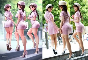 3girls :d art_study artist_logo asian ass bag bare_legs blush bokuman breasts brown_eyes brown_hair checkered_clothes checkered_dress closed_eyes closed_mouth commentary comparison covered_erect_nipples curvy dress english_commentary from_behind from_side full_body grin hair_between_eyes handbag hat high_heels holding holding_strap large_breasts lips logo long_hair long_legs looking_at_another medium_hair microdress multicolored_dress multiple_girls open_mouth outdoors photo-referenced photo_(medium) photo_inset pillbox_hat pink_dress real_life reference_inset reference_photo short_sleeves smile stairs thick_thighs thighs walking white_dress