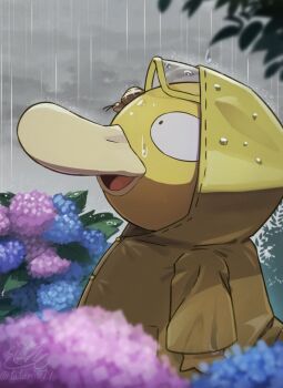 animal animal_on_head blue_flower clothed_pokemon commentary_request flower gen_1_pokemon grey_sky highres hood hood_up hooded_coat hydrangea leaf nintendo no_humans on_head open_mouth outdoors pink_flower plant pokemon pokemon_(creature) pokemon_focus psyduck rain raincoat sky snail storm tatsumi_(panneko) wet yellow_raincoat