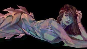 1girl aegyo_sal black_background brown_hair expressionless hair_over_one_eye hand_on_own_head highres long_hair looking_at_viewer lying mermaid monster_girl nude on_stomach original painterly pink_lips red_eyes simple_background solo sparkling_eyes twulfs