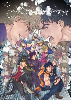 6+boys 6+girls artist_name bad_id bad_pixiv_id battle_tendency black_hair blonde_hair blue_eyes blue_hair bowler_hat braid bruno_bucciarati bug caesar_anthonio_zeppeli chain cowboy_hat diamond_wa_kudakenai dio_brando dixie_cup_hat dog double_bun dreadlocks dress earrings erina_pendleton ermes_costello everyone facial_hair facial_mark fangs fingerless_gloves flower foo_fighters_(jojo) forehead-to-forehead gakuran giorno_giovanna gloves goggles goggles_around_neck goggles_on_headwear green_eyes green_hair grey_hair guido_mista gyro_zeppeli hair_bobbles hair_bun hair_flower hair_ornament hairclip halterneck hand_on_own_hip hands_in_pockets hat hazekura_mikitaka headband headdress heads_together heart higashikata_josuke higashikata_josuke_(jojolion) highres hirose_koichi hirose_yasuho horseshoe iggy_(jojo) insect jean_pierre_polnareff jewelry johnny_joestar jojo_no_kimyou_na_bouken jojolion jonathan_joestar joseph_joestar joseph_joestar_(young) kakyoin_noriaki kishibe_rohan kiss_(stand) kuujou_jolyne kuujou_joutarou ladybug leone_abbacchio lisa_lisa loggins_(jojo) long_hair messina_(jojo) midriff military_hat miniskirt mohammed_avdol multicolored_hair multiple_boys multiple_girls mustache narancia_ghirga narciso_anasui nijimura_okuyasu pannacotta_fugo phantom_blood pompadour purple_hair red_hair road robert_e._o._speedwagon sailor_collar scar scarf school_uniform short_hair skirt smile splatter stand_(jojo) star_(symbol) star_print stardust_crusaders steel_ball_run stone_ocean strapless strapless_dress sunglasses suzi_q tattoo top_hat two-tone_hair v-room vento_aureo weather_report will_anthonio_zeppeli yamagishi_yukako