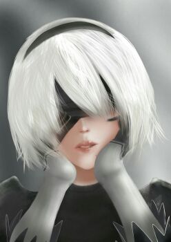 1girl 2b_(nier:automata) black_hairband blindfold gloves grey_background hairband highres looking_at_viewer mishiro_(ixtlolton) nier:automata nier_(series) portrait short_hair straight-on two-tone_gloves white_hair yandere_trance