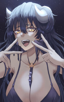 1girl absurdres between_breasts bikini black_background black_bikini black_hair borrowed_character breasts choppy_bangs collarbone commentary_request dia_(hxxg) diamond-shaped_pupils diamond_(shape) double_v fang hair_between_eyes hair_on_horn hands_up highres horns large_breasts long_hair looking_at_viewer open_mouth original oro_(lsg0624) smile solo swimsuit symbol-shaped_pupils upper_body v yellow_eyes
