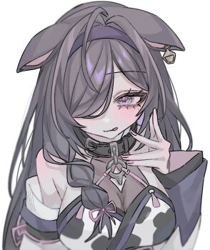 1girl :q ahoge animal_ears animal_print bare_shoulders belt_collar black_collar black_hair blush braid breasts cleavage_cutout clothing_cutout collar colored_inner_hair commentary cow_ears cow_girl cow_print detached_sleeves ear_tag eyelashes from_above hair_over_one_eye hair_ribbon hairband half-closed_eyes hand_up highres japanese_clothes kimono large_breasts long_hair long_sleeves looking_at_viewer mole mole_under_eye multicolored_hair nijisanji one_eye_covered parted_bangs pink_ribbon print_kimono purple_eyes purple_hair purple_hairband purple_sleeves razz_o0 ribbon ribbon-trimmed_sleeves ribbon_trim see-through_cleavage see-through_clothes side_braid sidelocks simple_background single_braid smile solo streaked_hair symbol-only_commentary tassel tongue tongue_out upper_body virtual_youtuber white_background wide_sleeves yagyu_shino