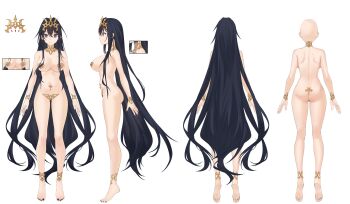 1girl a-pose absurdres ass backboob bald barefoot black_hair breasts cleavage closed_mouth covered_erect_nipples covered_navel from_behind from_side hair_between_eyes highres large_breasts long_hair looking_at_viewer multiple_views nail_polish original purple_eyes reference_sheet revealing_clothes sideboob simple_background stomach tiara toenail_polish toenails toes transparent_background very_long_hair xo_(xo17800108)