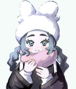 1girl ansha_(pokemon) backpack bag blue_eyes braid coat facing_viewer grey_hair hands_up hat highres looking_at_viewer nintendo pokemon pokemon_legends:_z-a scarf smile solo tori_(torisan_pokemon) upper_body white_background