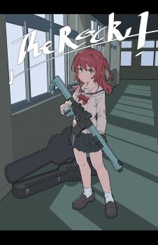 1girl ar-15 bocchi_the_rock! brown_eyes eflo_(794753336) expressionless full_body guitar_case gun hallway highres holding holding_gun holding_weapon indoors instrument_case kita_ikuyo long_hair looking_at_viewer red_hair rifle school_uniform shuka_high_school_uniform solo weapon