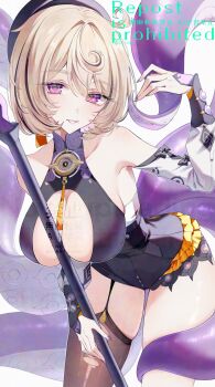 1girl absurdres arched_back arm_up asymmetrical_shorts bare_shoulders beret black_bow black_hat blonde_hair bow breasts button_gap cleavage collarbone commentary_request cowboy_shot cowlick detached_sleeves garter_straps hat highres holding holding_weapon jujube_2513 large_breasts leaning_forward mole mole_under_mouth monster_girl parted_lips purple_eyes purple_nails scylla short_hair single_garter_strap single_thighhigh solo suction_cups tentacle_girl tentacle_tail tentacles thighhighs torn_clothes torn_thighhighs watermark weapon white_sleeves yidhari_murphy zenless_zone_zero