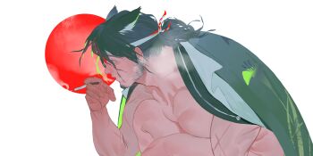 1boy absurdres animal_ears arknights bara bare_pectorals cape cigarette extra_ears facial_hair from_side goatee_stubble green_haori green_theme haori highres holding holding_cigarette japanese_clothes karkenshark large_pectorals male_focus matsukiri_(arknights) mature_male multiple_scars muscular muscular_male naked_cape pectoral_press pectorals profile scar sideburns_stubble smoking solo stubble thick_eyebrows wolf_ears