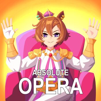 &gt;:) 1girl absolute_cinema_(meme) aiguillette animal_ears arched_crown armchair bracer brooch brown_hair chair commentary crown dot_nose ear_ornament english_commentary english_text figure_four_sitting fingerless_gloves gem gloves gold_ring gradient_background gribberoni hair_between_eyes hands_up highres horse_ears horse_girl image_macro_(meme) jewelry long_sleeves meme mini_crown multiple_rings pendant pink_crown puffy_long_sleeves puffy_sleeves purple_eyes ring shirt short_hair shoulder_guard single_glove sitting smile split_mouth t.m._opera_o_(umamusume) thumb_ring tilted_headwear two-tone_skirt umamusume upper_body v-shaped_eyebrows vector_art white_gloves white_shirt yellow_background