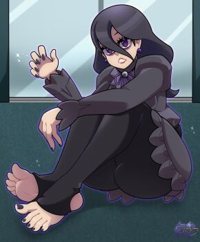 1girl @_@ artist_logo ass black_dress black_hair black_leggings carpet claw_pose dress earrings full_body glowing hair_between_eyes hex_maniac_(pokemon) hex_maniac_(pokemon_legends:_z-a) highres jewelry juliet_sleeves leggings lewdershooter lipstick logo long_sleeves looking_at_viewer makeup medium_hair nail_polish nintendo open_mouth pokemon pokemon_legends:_z-a puffy_sleeves purple_eyes silhouette sitting soles solo stirrup_legwear toeless_legwear toenail_polish toenails toes