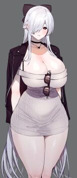 1girl amano_don black_jacket breasts bright_pupils cinderella_(beautiful_me)_(nikke) cinderella_(nikke) cleavage dongtan_dress dress eyewear_hang goddess_of_victory:_nikke grey_background grey_dress hair_over_one_eye heart heart_necklace highres jacket jacket_on_shoulders jewelry large_breasts long_hair necklace official_alternate_costume official_alternate_hairstyle one_eye_covered panties panties_visible_through_clothes red_eyes ribbon-trimmed_sweater see-through_clothes see-through_dress simple_background solo taut_clothes taut_dress underwear unworn_eyewear white_hair white_pupils