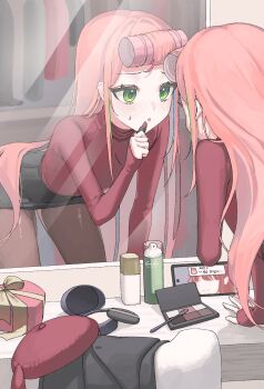 1girl :o applying_lipstick applying_makeup bent_over black_skirt brown_pantyhose cellphone commentary_request compact_(cosmetics) cosmetics green_eyes hair_rollers hanako_nana hand_up hat highres holding holding_lipstick_tube indoors korean_commentary lipstick_tube long_hair long_sleeves looking_at_reflection makeup_brush makeup_palette miniskirt mirror mwahbiing pantyhose parted_lips pencil_skirt phone pink_hair red_sweater reflection reflection_focus skirt slice_of_life small_sweatdrop smartphone solo standing stellive sweater unworn_hat unworn_headwear virtual_youtuber
