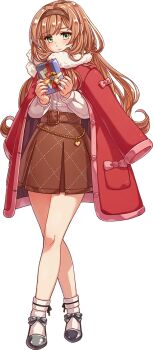 Rule 34 | 1girl, acea4, bad link, brown hair, coat, coat on shoulders, crossed legs, full body, fur-trimmed coat, fur trim, gift, green eyes, grey shoes, grey socks, helena (kancolle), helena (valentine) (kancolle), kantai collection, long hair, looking at viewer, mary janes, official art, plaid clothes, plaid skirt, pleated skirt, red coat, shoes, skirt, smile, socks, solo, standing, sweater, swept bangs, third-party source, transparent background, white sweater