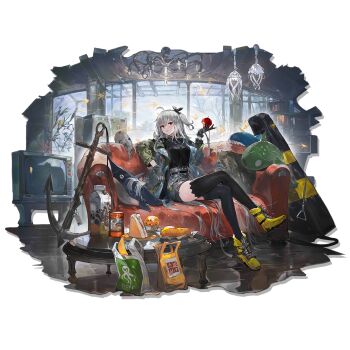 1girl ahoge alchemaniac anchor apple arknights bag banana black_gloves black_shirt black_thighhighs boots bottle breasts couch crossed_legs cup fish food food_bite fruit full_body gloves grey_hair grey_shorts grey_skirt guitar_case hair_between_eyes highres holding holding_food holding_fruit indoors instrument_case jacket long_hair long_sleeves looking_at_viewer official_alternate_costume official_art on_couch one_side_up open_clothes open_jacket red_eyes shirt shirt_tucked_in shoes shorts sitting skadi_(arknights) skadi_(the_next_afternoon_tea)_(arknights) skirt smile solo stuffed_animal stuffed_shark stuffed_toy table television thighhighs transparent_background very_long_hair window yellow_boots