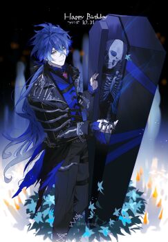 1boy black_nails candle candlelight coffin flins_(genshin_impact) flower genshin_impact ghost hand_grab happy_birthday highres jewelry light_smile long_hair mikuroron ring skeleton yellow_eyes