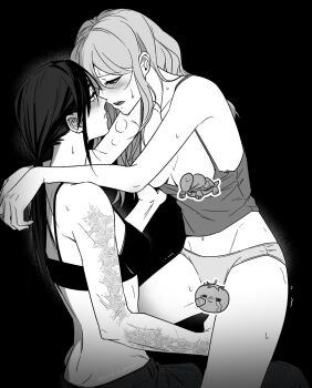 2girls arms_around_neck blush bra breasts breasts_out camisole censored censored_nipples commentary_request greyscale highres jong_e_yosae korean_commentary long_hair monochrome multiple_girls novelty_censor open_mouth original paid_reward_available panties scar scar_on_arm straddling sweat underwear yuri