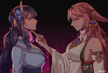 Rule 34 | 2girls, animal ears, commentary, detached sleeves, earrings, fox ears, fox girl, genshin impact, hair ornament, hand on another's chin, highres, japanese clothes, jewelry, kimono, long sleeves, mole, mole under eye, multiple girls, pink hair, purple eyes, purple hair, purple kimono, raiden shogun, shirt, signature, sleeveless, sleeveless shirt, symbol-only commentary, white shirt, xnighten, yae miko, yuri