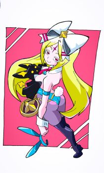 1girl 1other adapted_costume animal_ears arched_back arm_at_side artist_request ass ass_focus bare_shoulders black_footwear blonde_hair blue_leotard boots border bow breast_slip breasts closed_mouth collar detached_collar facial_mark fake_animal_ears fake_animal_ears_removed fake_tail forehead_mark from_above from_behind from_side full_body groping groping_breast hair_bow highres leotard loli long_hair looking_at_viewer looking_back looking_up mahou_shoujo_ni_akogarete morino_korisu naughty_face necktie nero_alice nipple_slip nipples pantyhose parted_hair pink_background playboy_bunny purple_pantyhose rabbit_ears rabbit_tail red_eyes red_necktie ribbon simple_background small_breasts smile smug solo_focus source_request standing strapless strapless_leotard tail thigh_boots tiptoes two-tone_background venalita wardrobe_malfunction white_background white_border white_bow white_collar white_ribbon wrist_cuffs